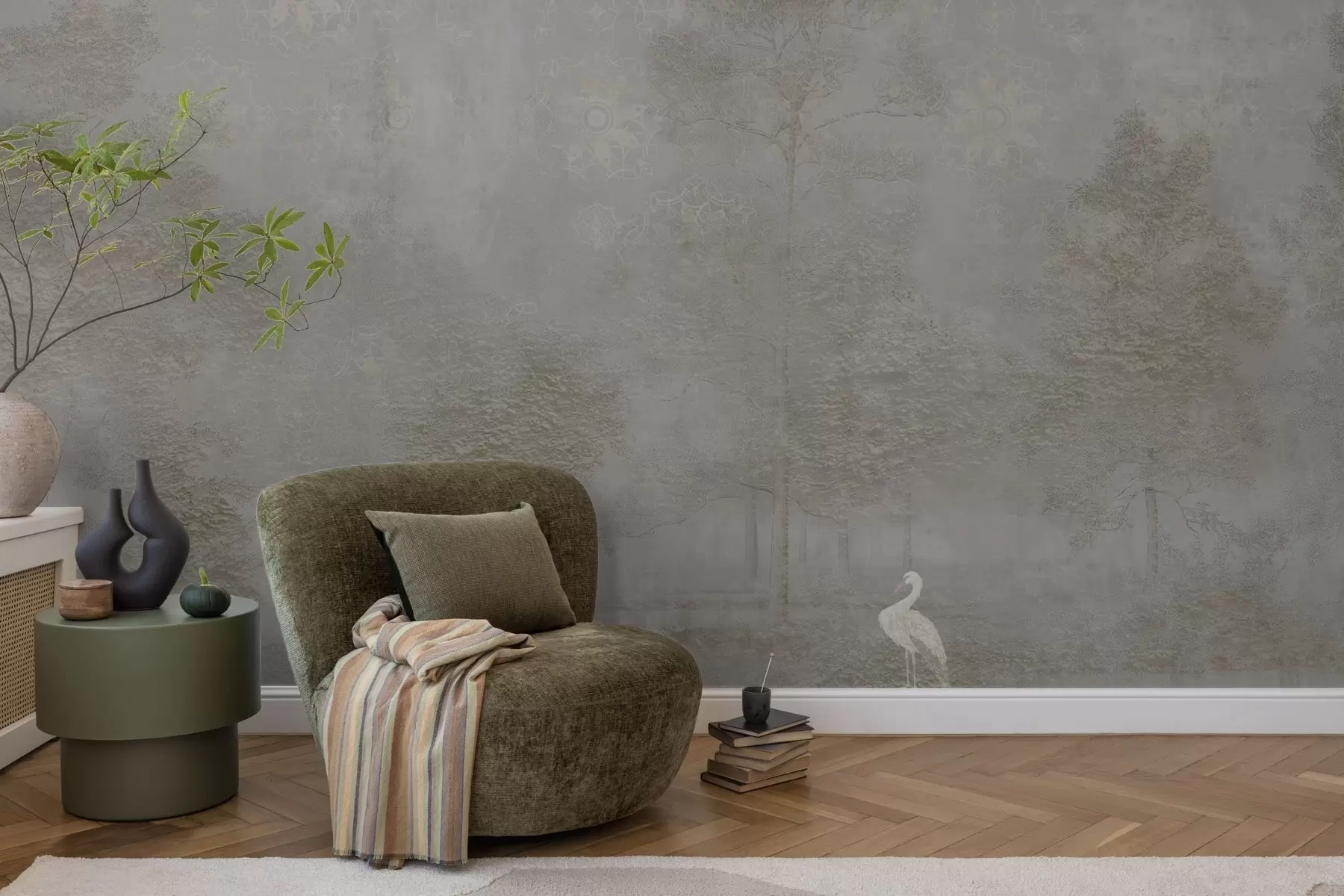 fototapet Pădure ceațoasă cu o stârcă și un model ornamental deasupra w04953v1