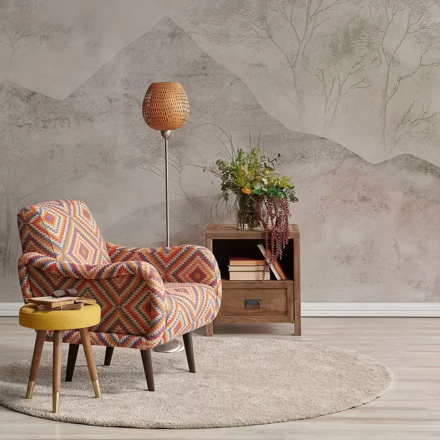 fototapet Munți și copaci în culori pastelate, învăluiți într-o ceață ușoară w04954