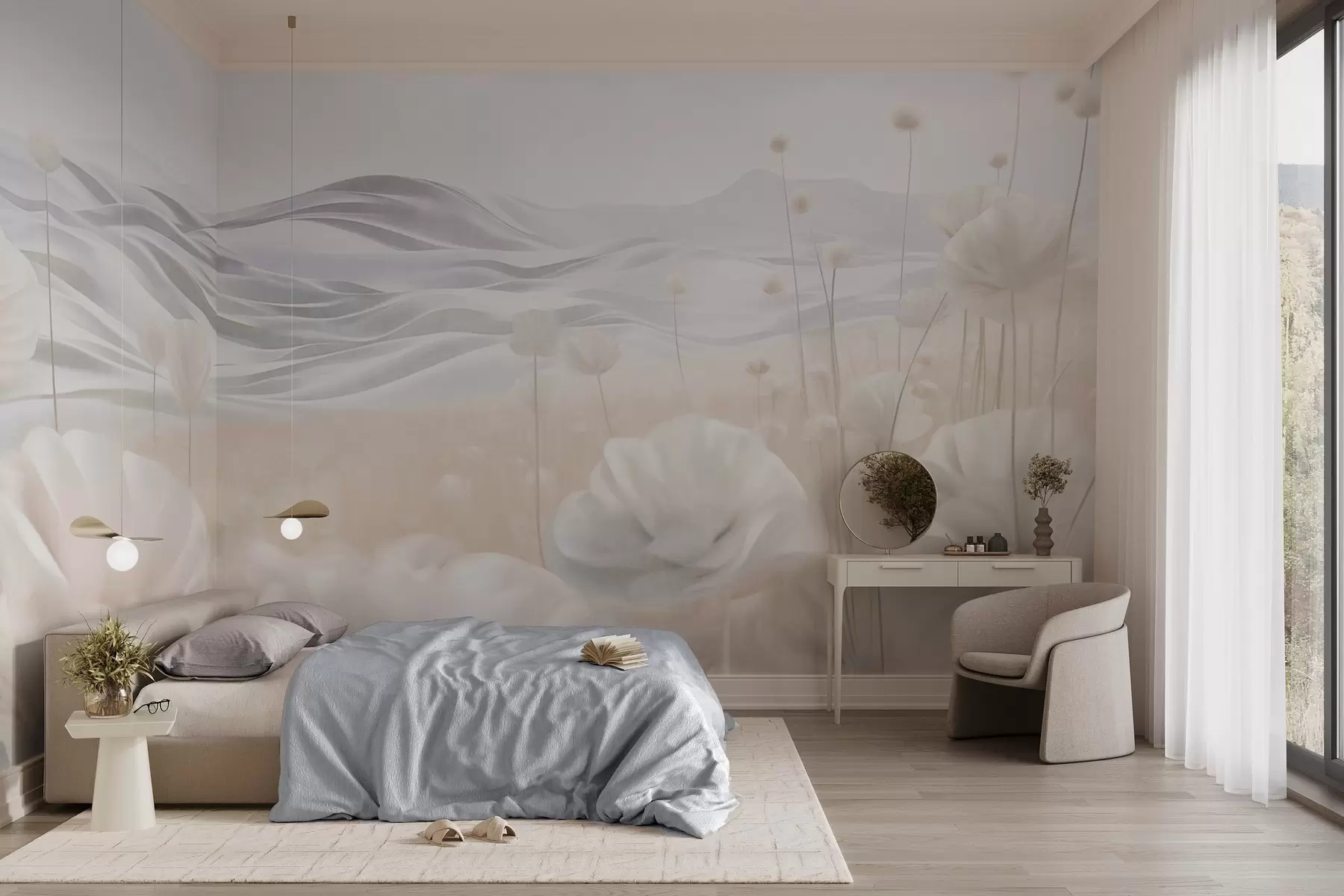 fototapet Câmp texturat de maci cremoși cu dealuri ondulate sub un cer albastru pal cu nori moi, culori pastelate w09553