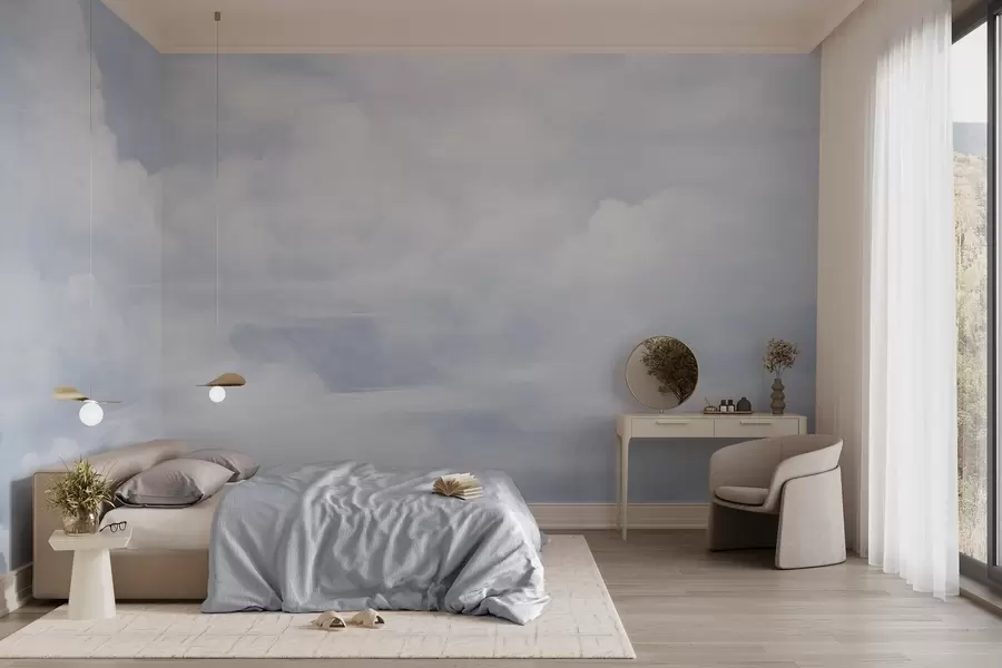 fototapet Cer texturat în culori pastelate, plin de nori albi, cu o estetică delicată și minimalistă w09589