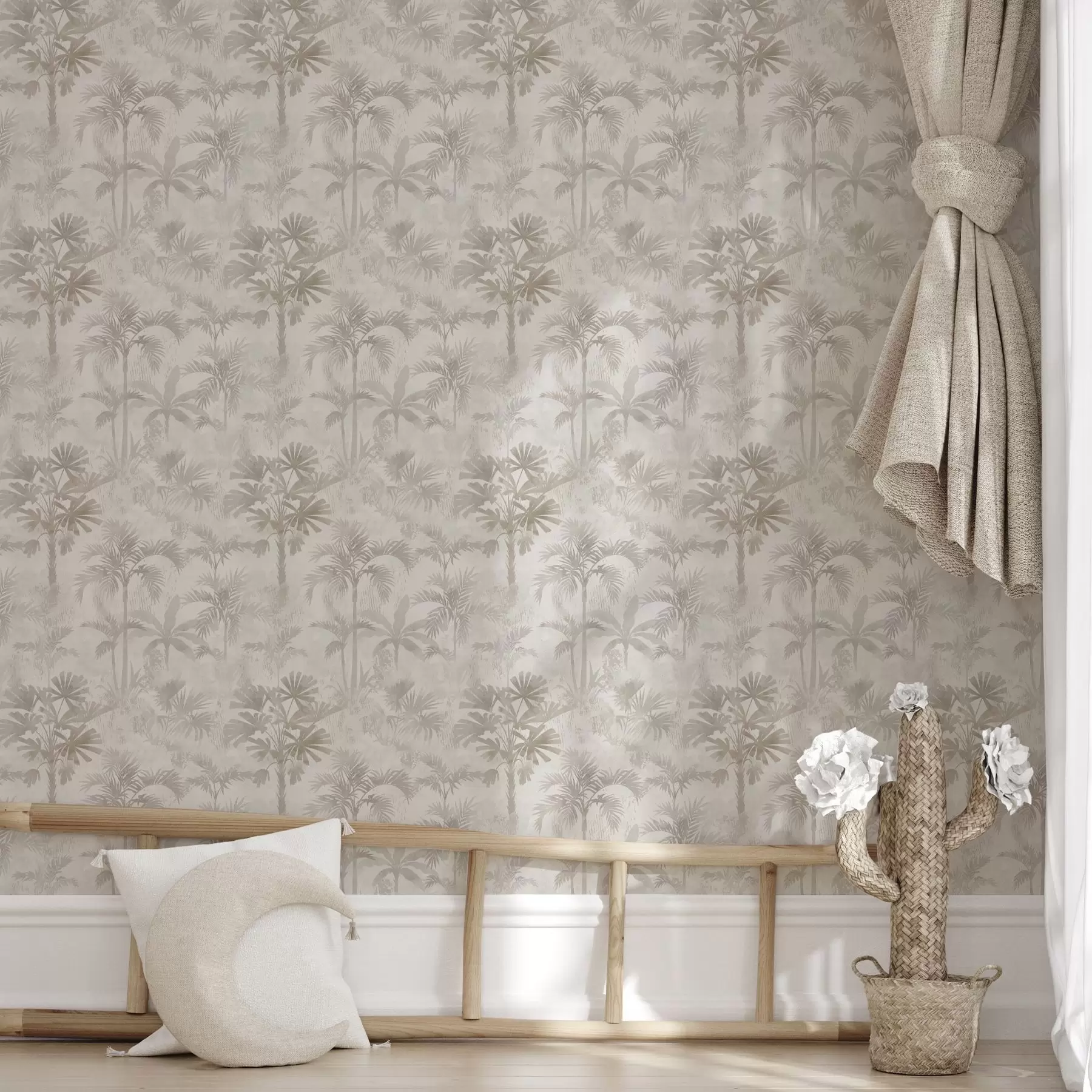 fototapet Palmierii învăluiți în ceață, în nuanțe calde de bej a00881