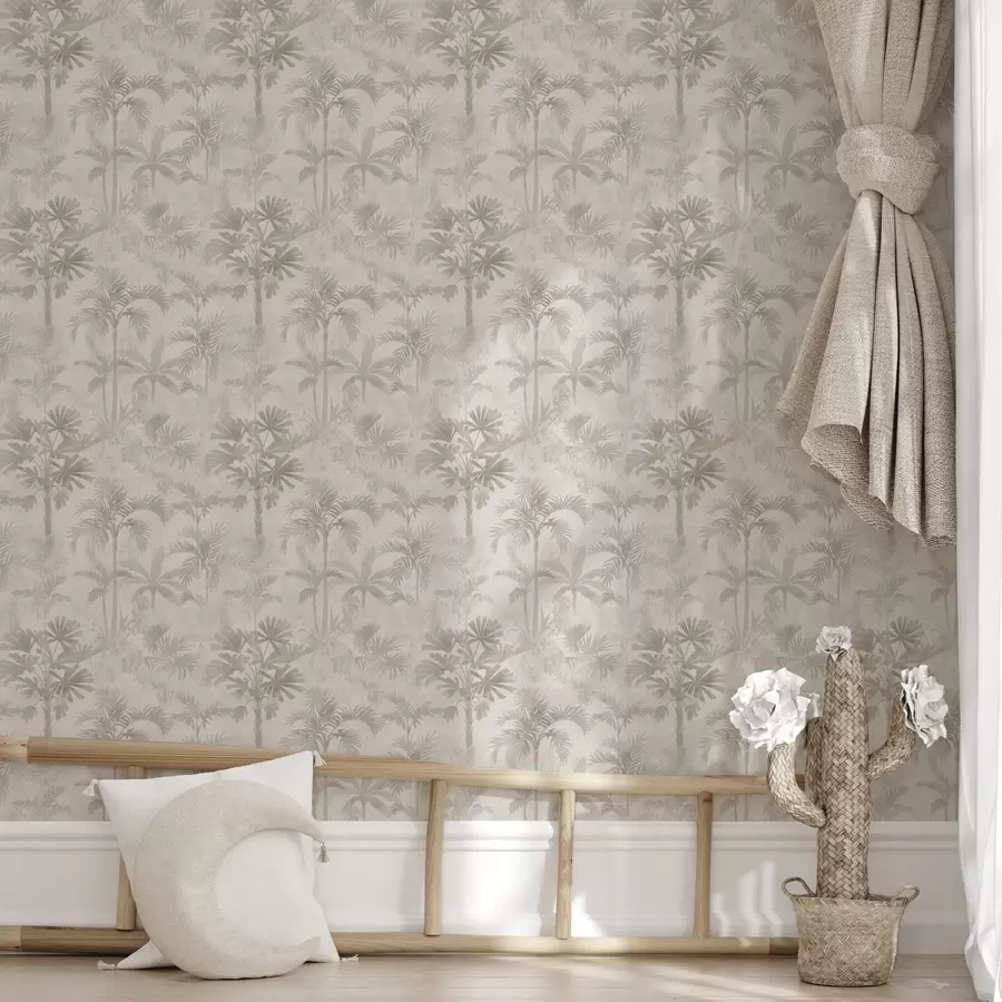 fototapet Palmierii învăluiți în ceață, în nuanțe calde de bej a00881