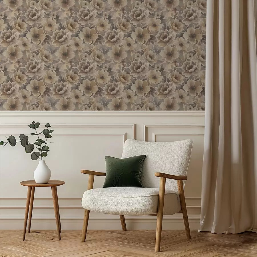 fototapet Flori picturale de culoare bej pe un fundal abstract fumuriu a00884