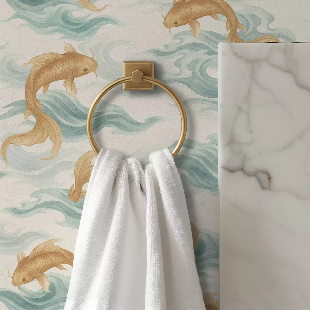 Wallpaper Pești koi de culoare chihlimbar înotând printre valuri turcoaz a00894