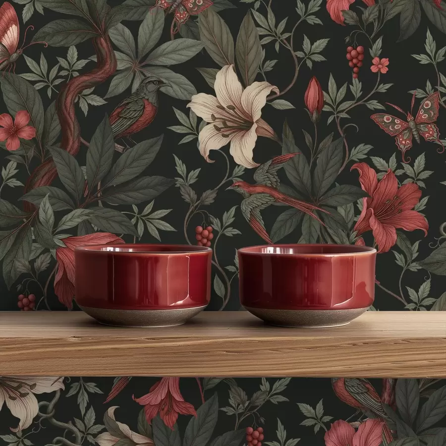 fototapet Flori întunecate din junglă cu păsări și fluturi a00895