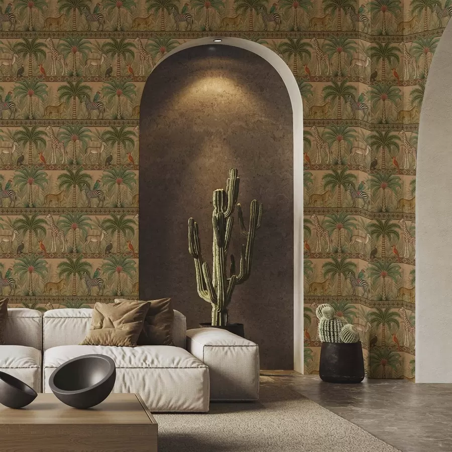 fototapet Animale decorative din savană între palmieri și borduri a00898