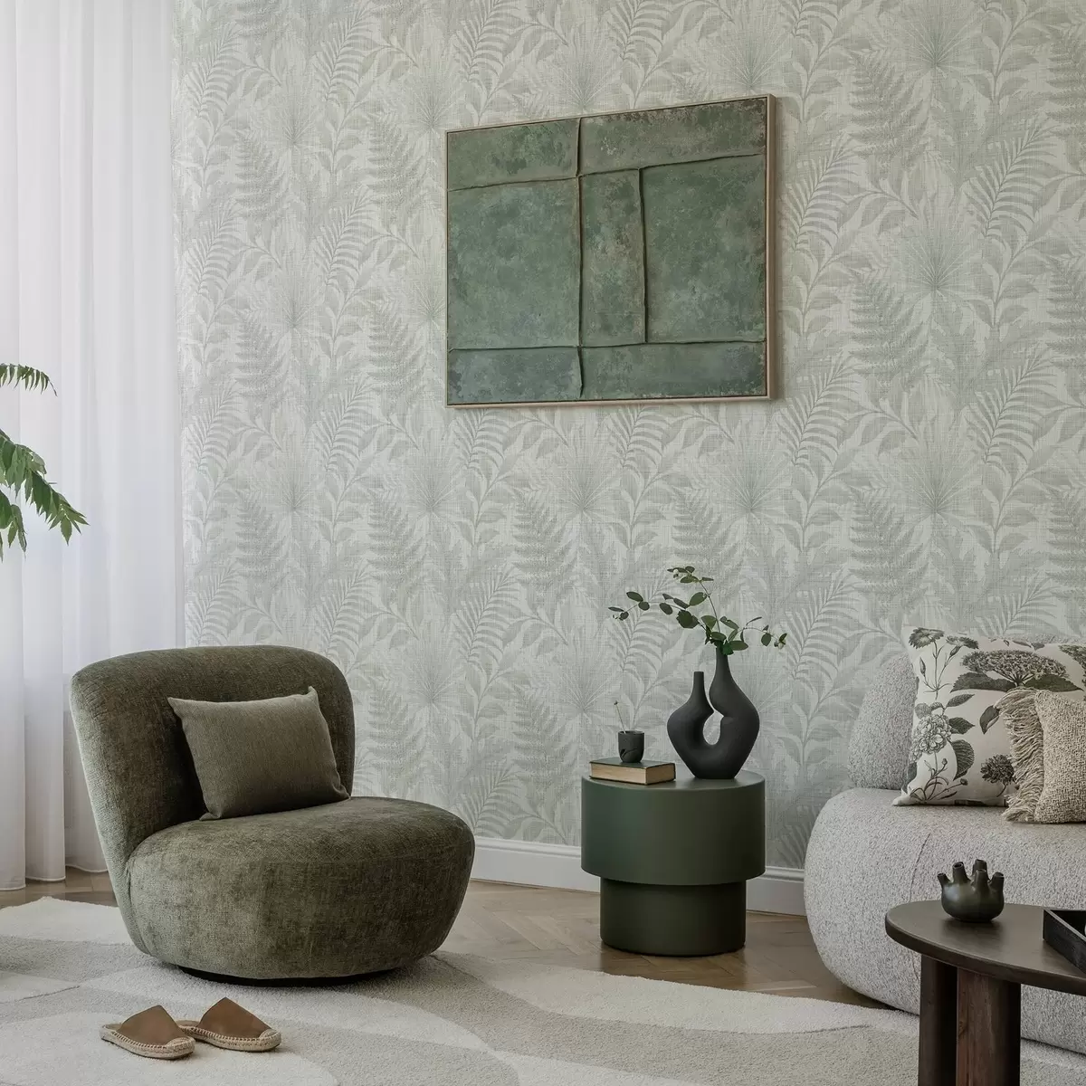 Wallpaper Frunze tropicale moi, de culoare gri pal, pe textură de in a00899