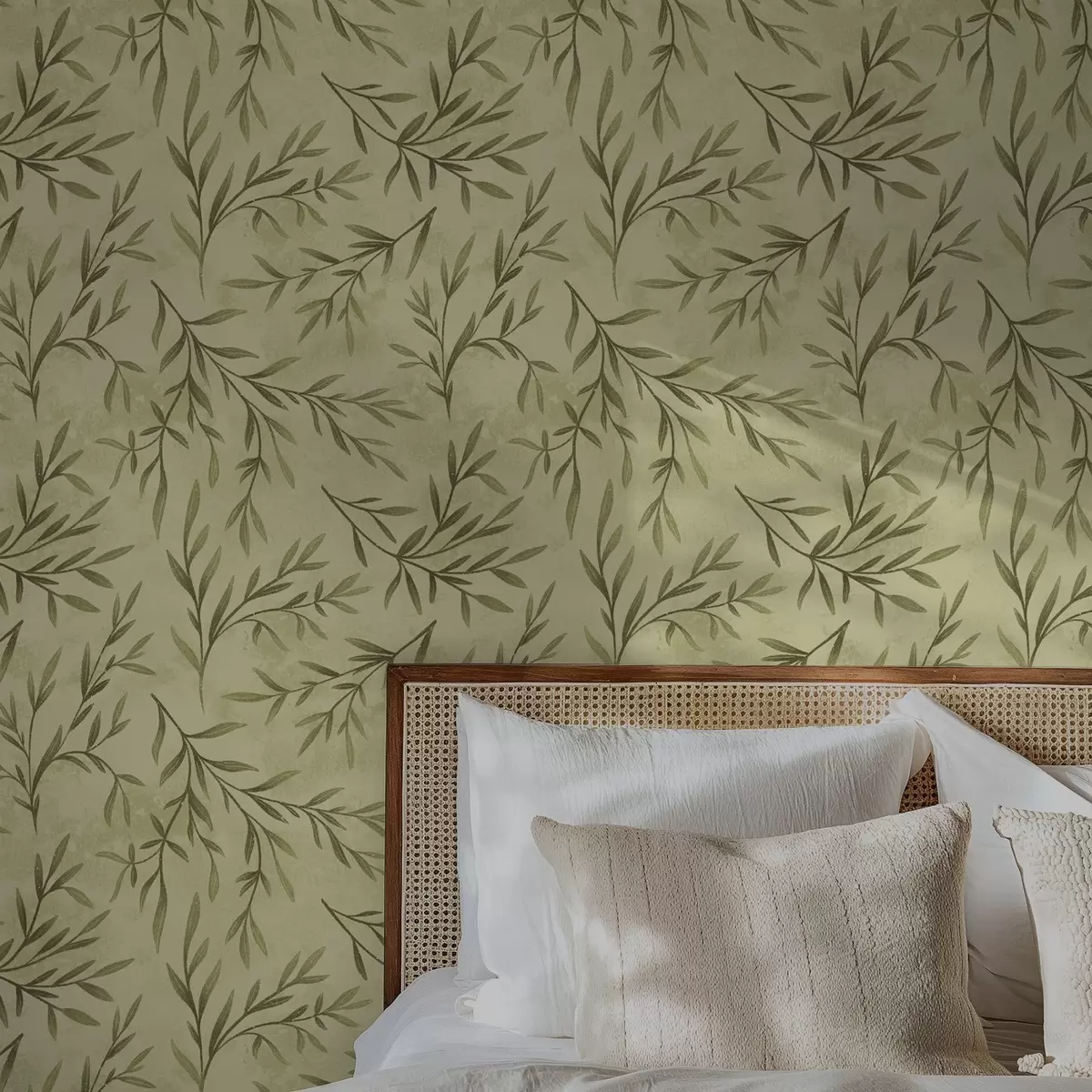 Wallpaper Ramuri de măslin pe un fundal texturat de culoare galben-verzui discret a00936