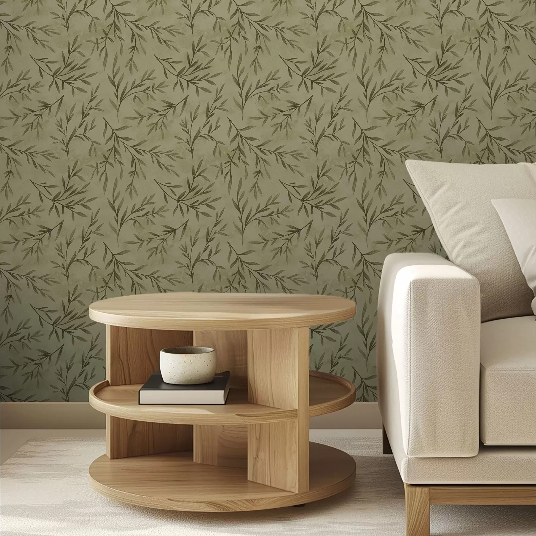 fototapet Ramuri de măslin pe un fundal texturat de culoare galben-verzui discret a00936