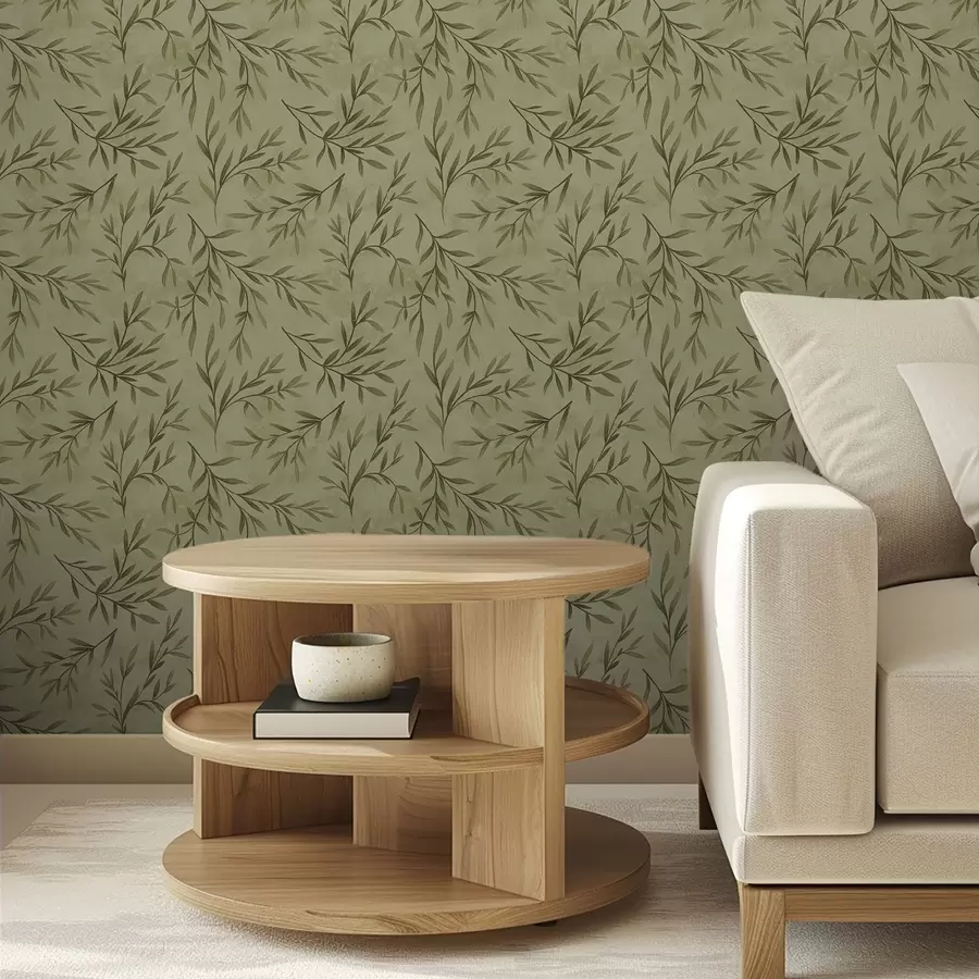 fototapet Ramuri de măslin pe un fundal texturat de culoare galben-verzui discret a00936