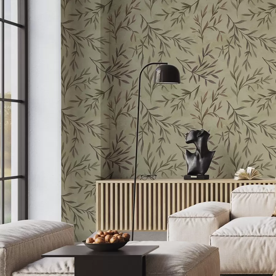 fototapet Ramuri de liliac și verde cu frunze pe un fundal cald a00936v4