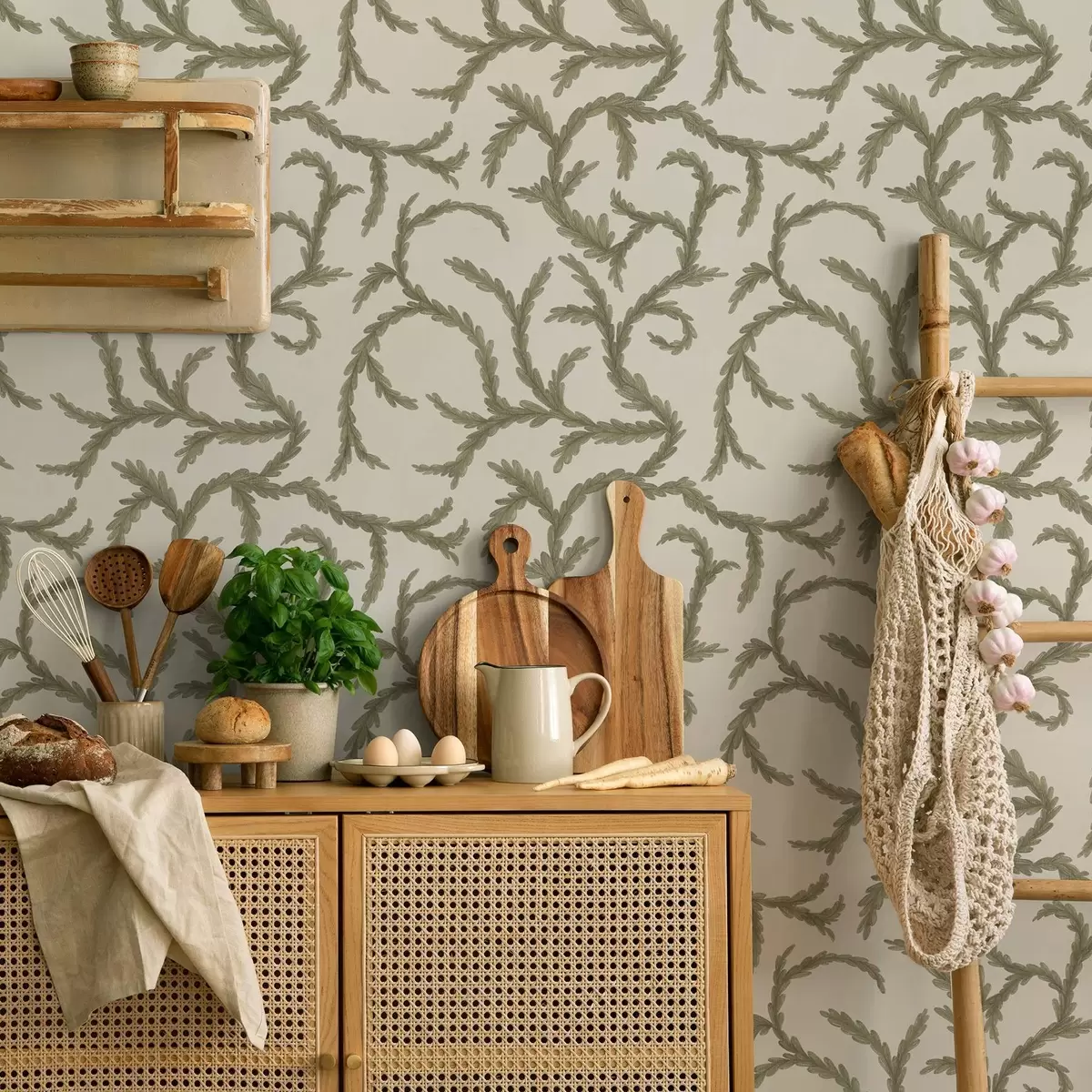 Wallpaper Bucle moi de conifere verzi pe un fundal deschis a00938