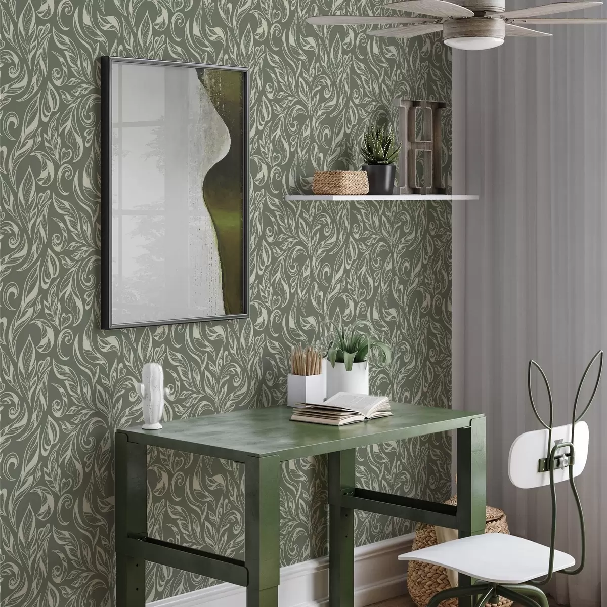 Wallpaper Ornament frunze crem pe fond verde-cenușiu a00940v2