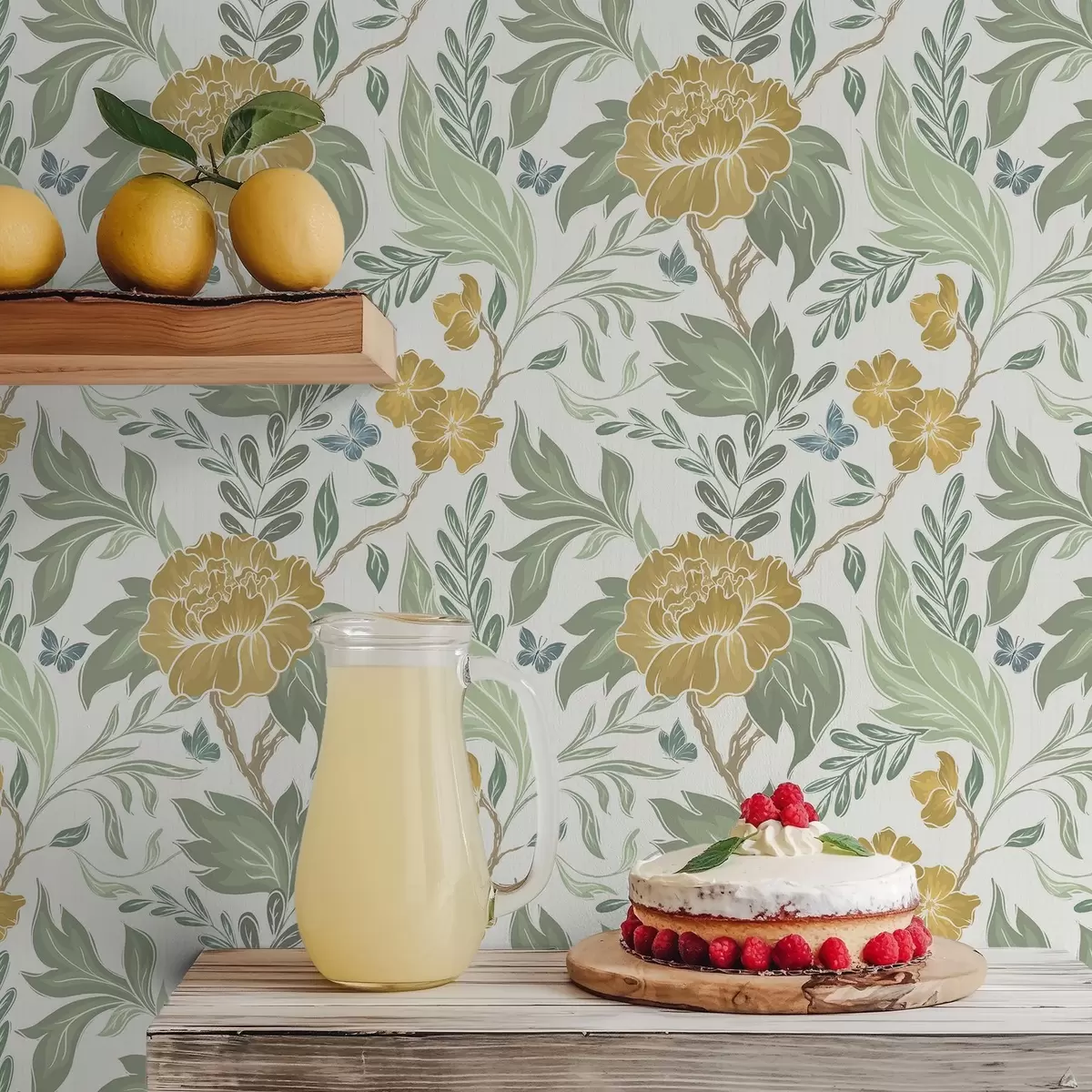 Wallpaper Bujori mari galbeni și verdeață pe un fundal deschis a00941