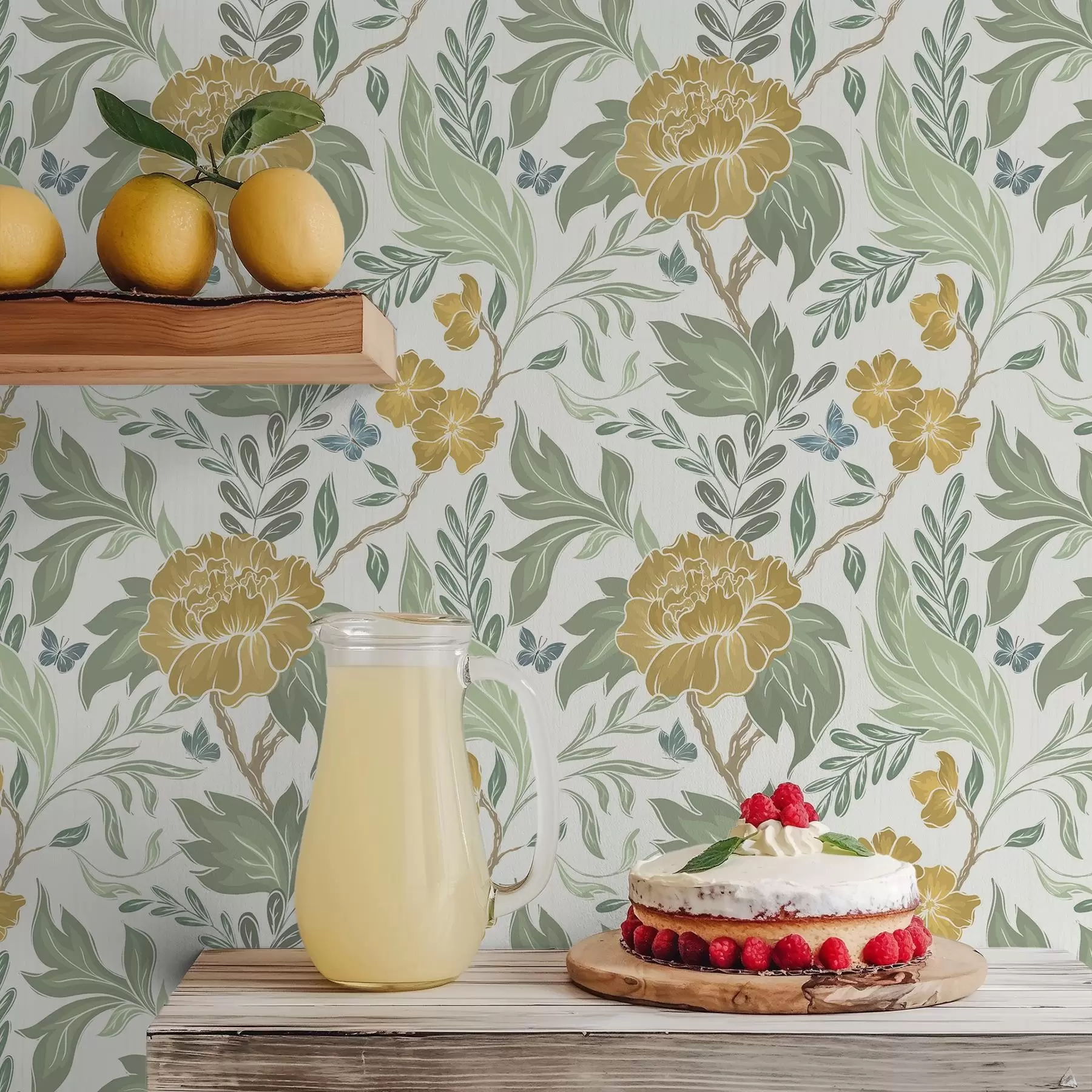 fototapet Bujori mari galbeni și verdeață pe un fundal deschis a00941