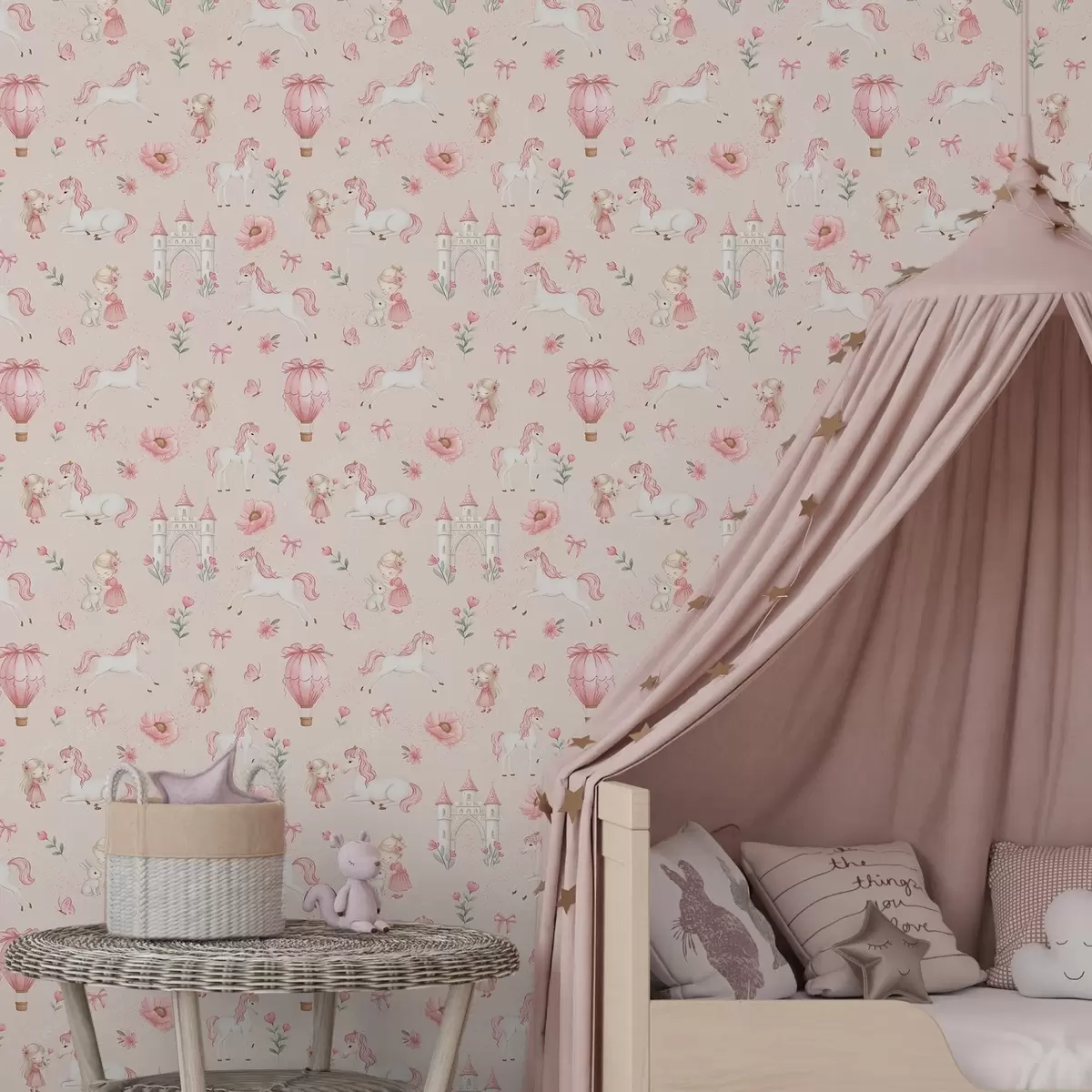 Wallpaper Unicorni roz, fetițe și un castel pe un fundal moale a00957