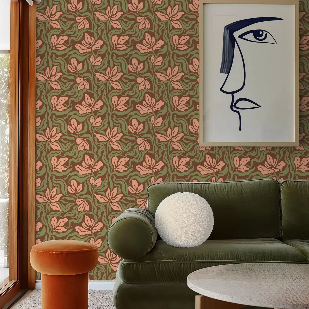 Wallpaper Flori de piersic și verdeață pe un fundal maro închis a00958v2