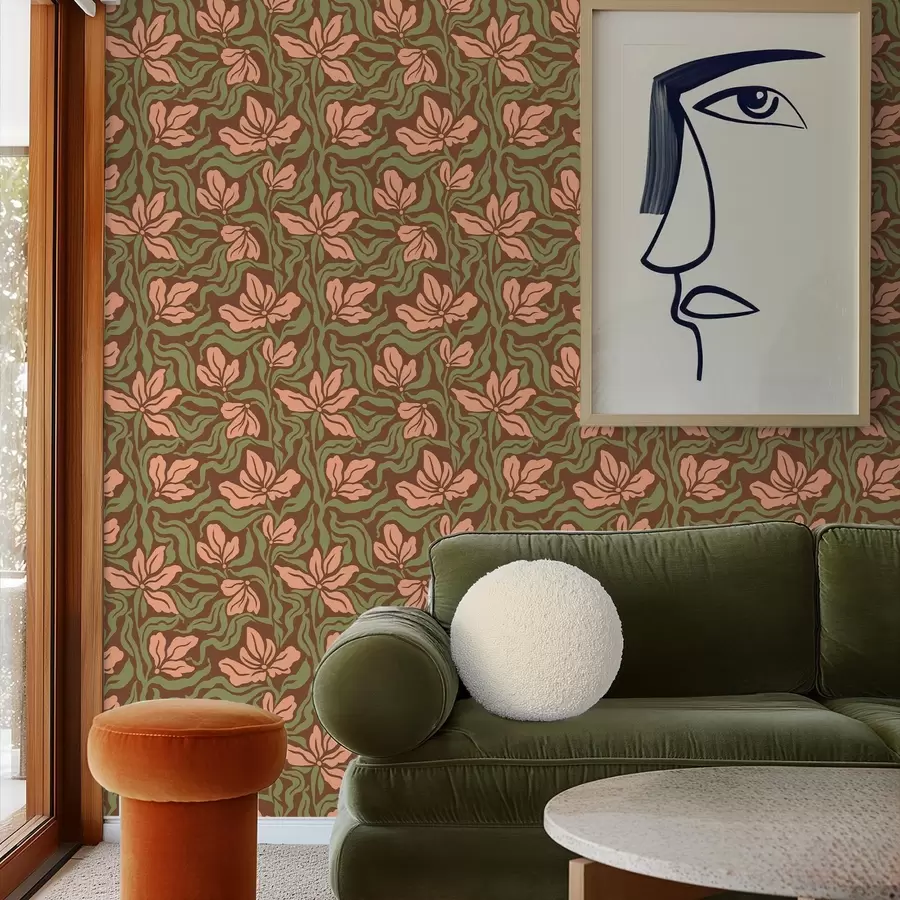 fototapet Flori de piersic și verdeață pe un fundal maro închis a00958v2