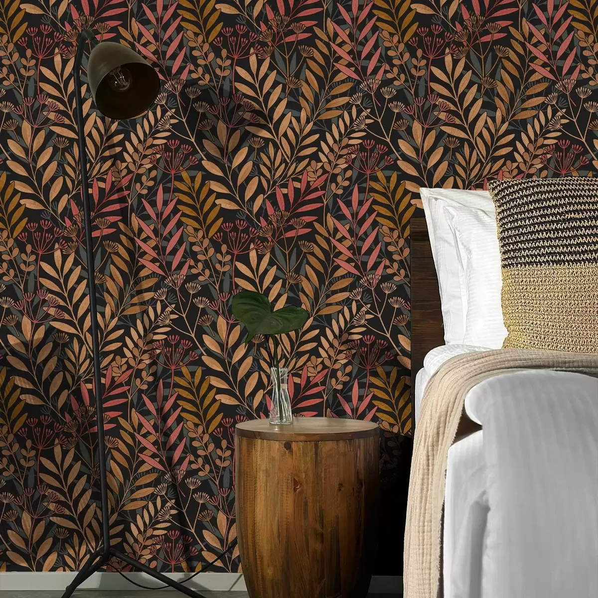 Wallpaper Pajiște întunecată cu frunze stilizate și păstăi de semințe a01020