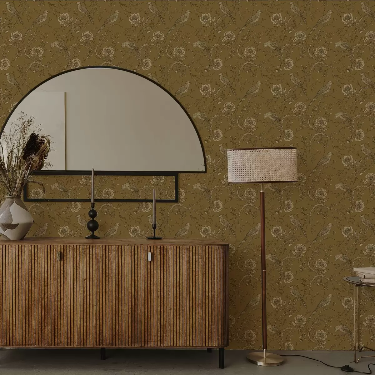 Wallpaper Păsări și flori vintage pe un fundal cald de culoarea măslinului a01022v1