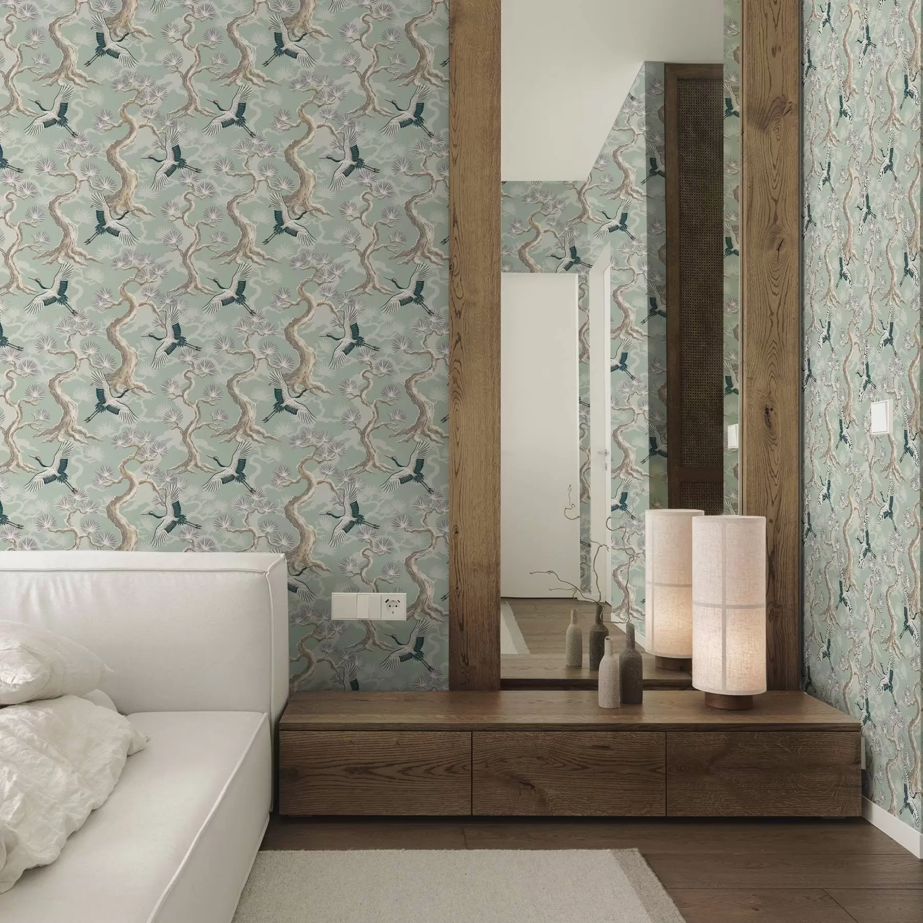 fototapet Cocori printre ramuri curbate pe un fundal moale, de culoarea salviei a01023