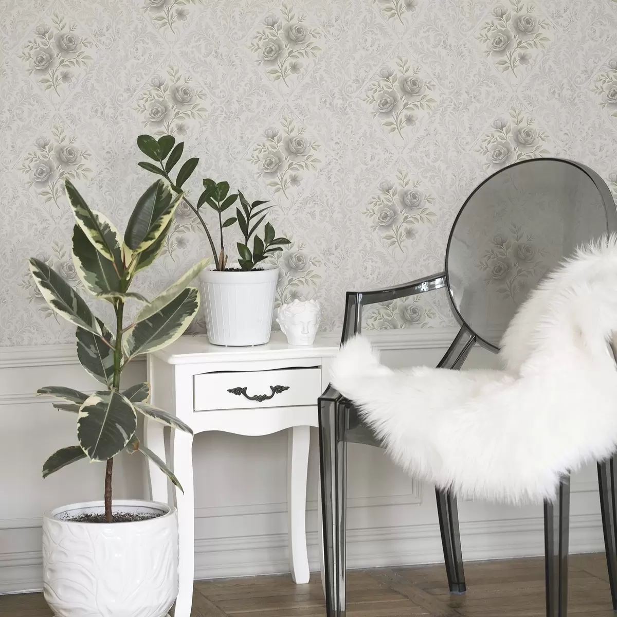 Wallpaper Model damasc ușor cu trandafiri gri în romburi delicate a01024