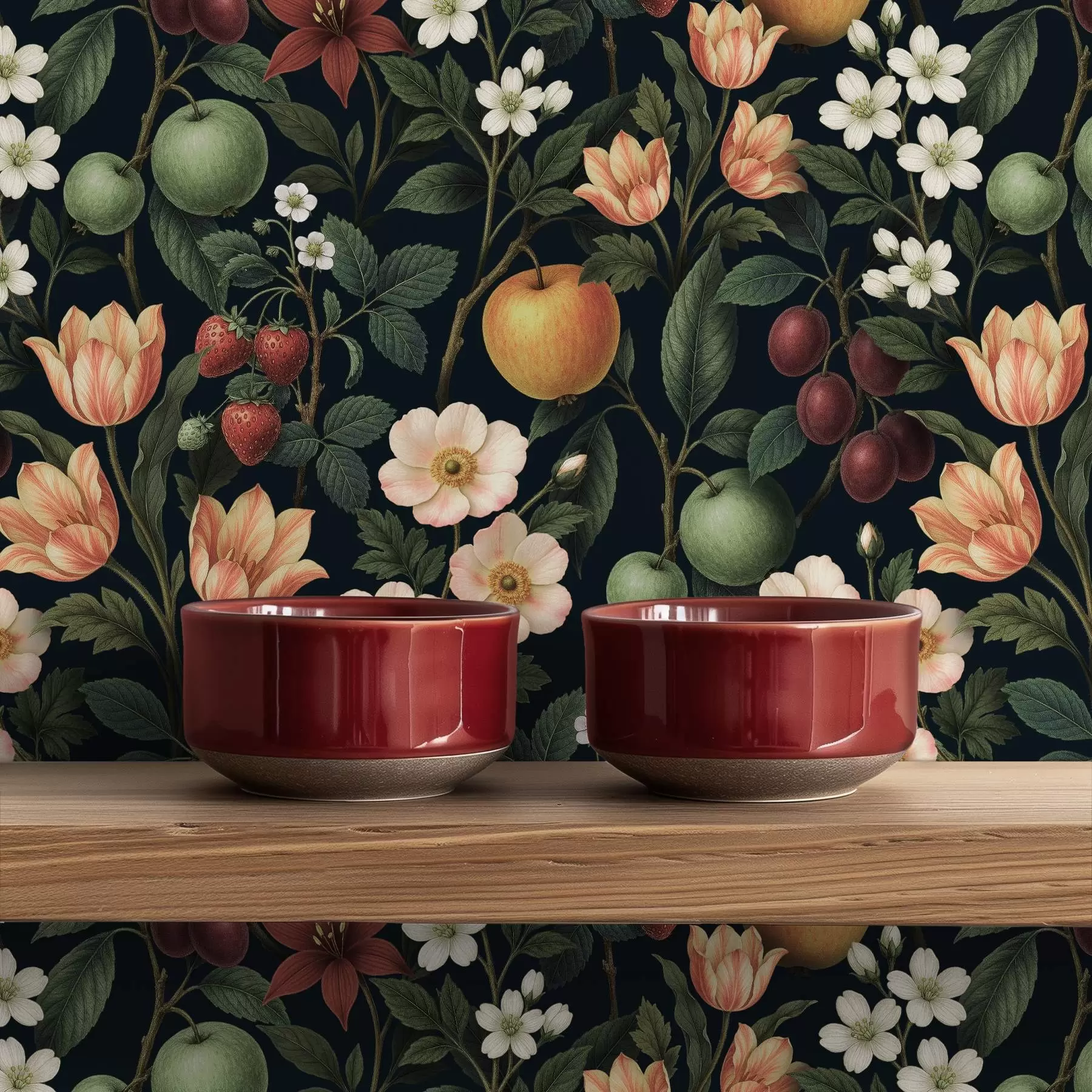 fototapet Grădină întunecată cu flori, mere coapte și fructe de pădure a01034