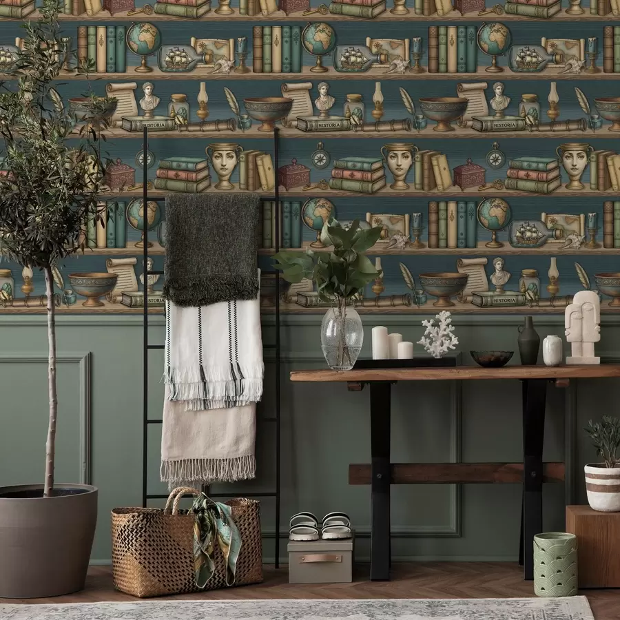 fototapet Rafturi vintage cu cărți, un glob pământesc și curiozități marine a01036