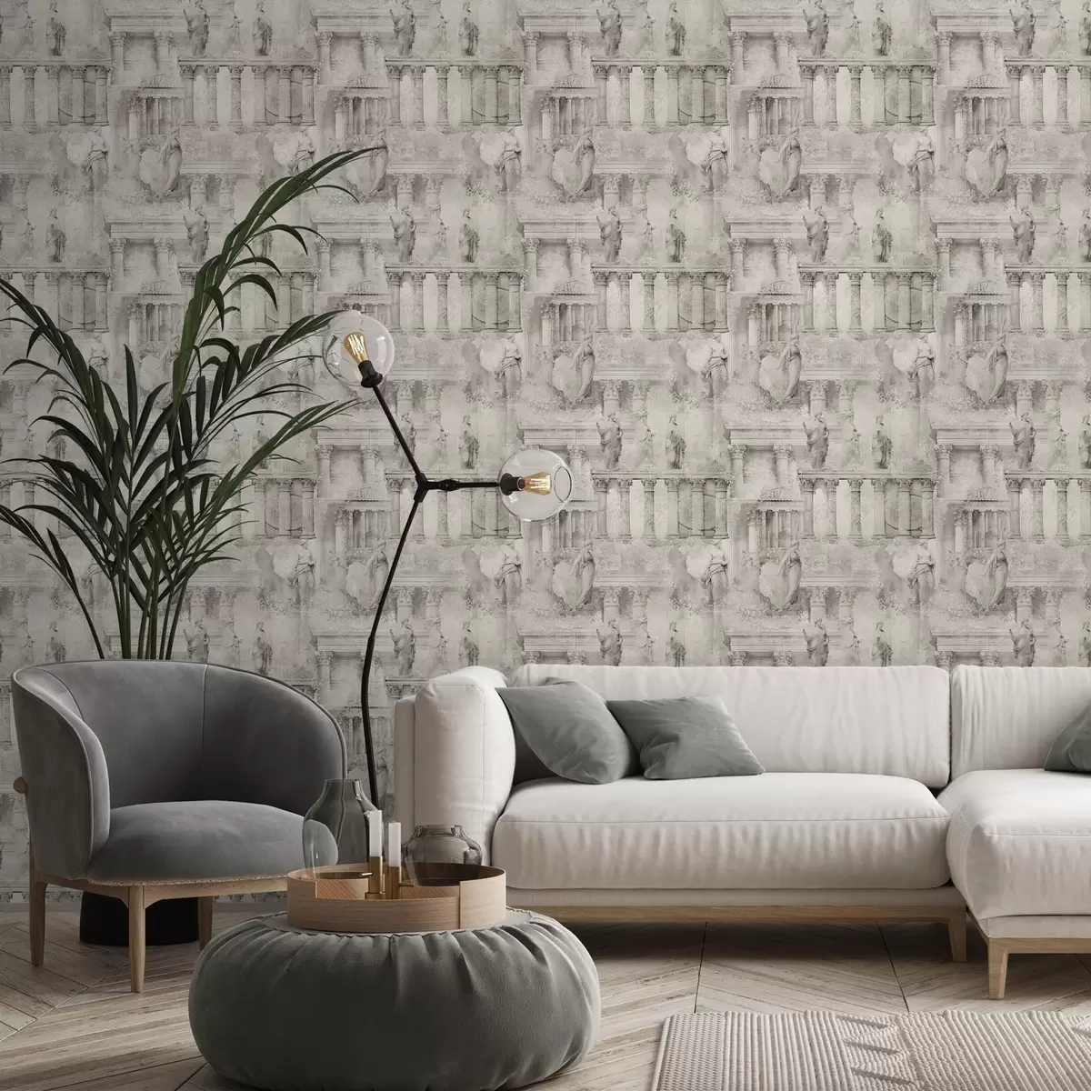 Wallpaper Statui și coloane antice în nuanțe delicate de bej-gri a01041