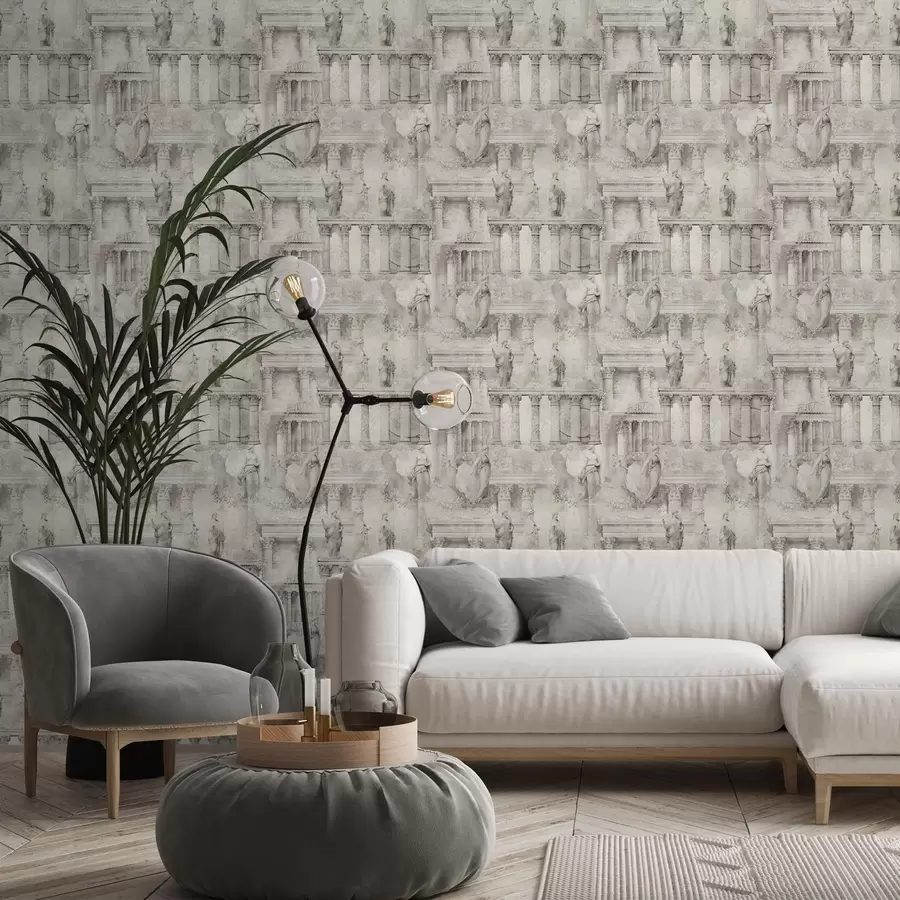 fototapet Statui și coloane antice în nuanțe delicate de bej-gri a01041