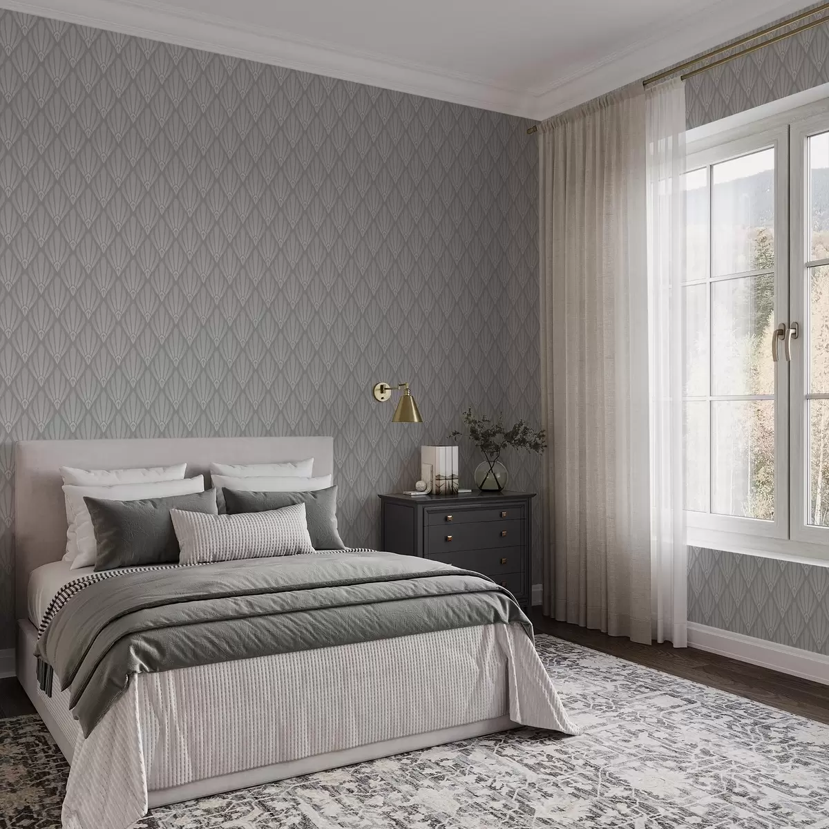 Wallpaper Art Deco gri cu forme în formă de evantai a01064