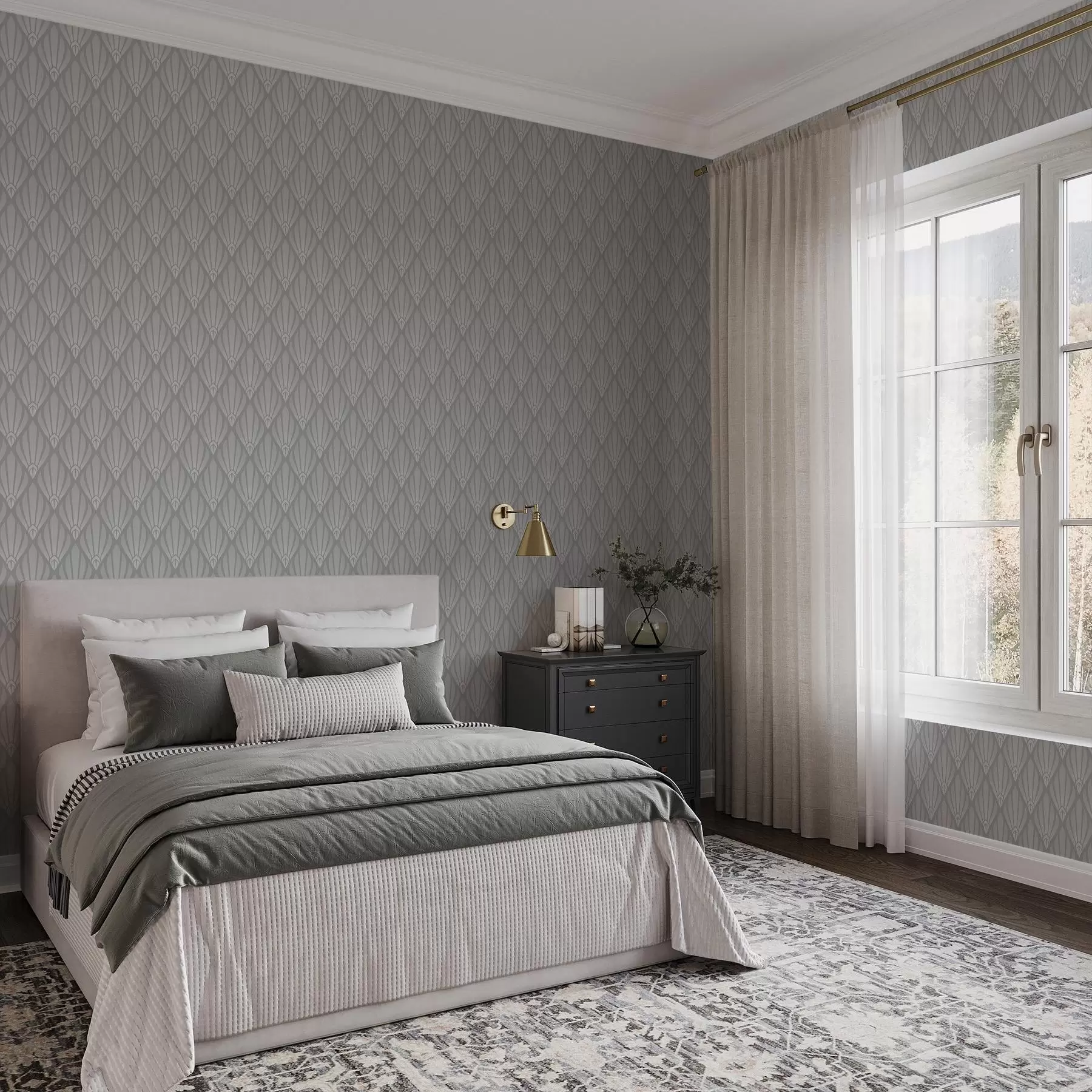 fototapet Art Deco gri cu forme în formă de evantai a01064