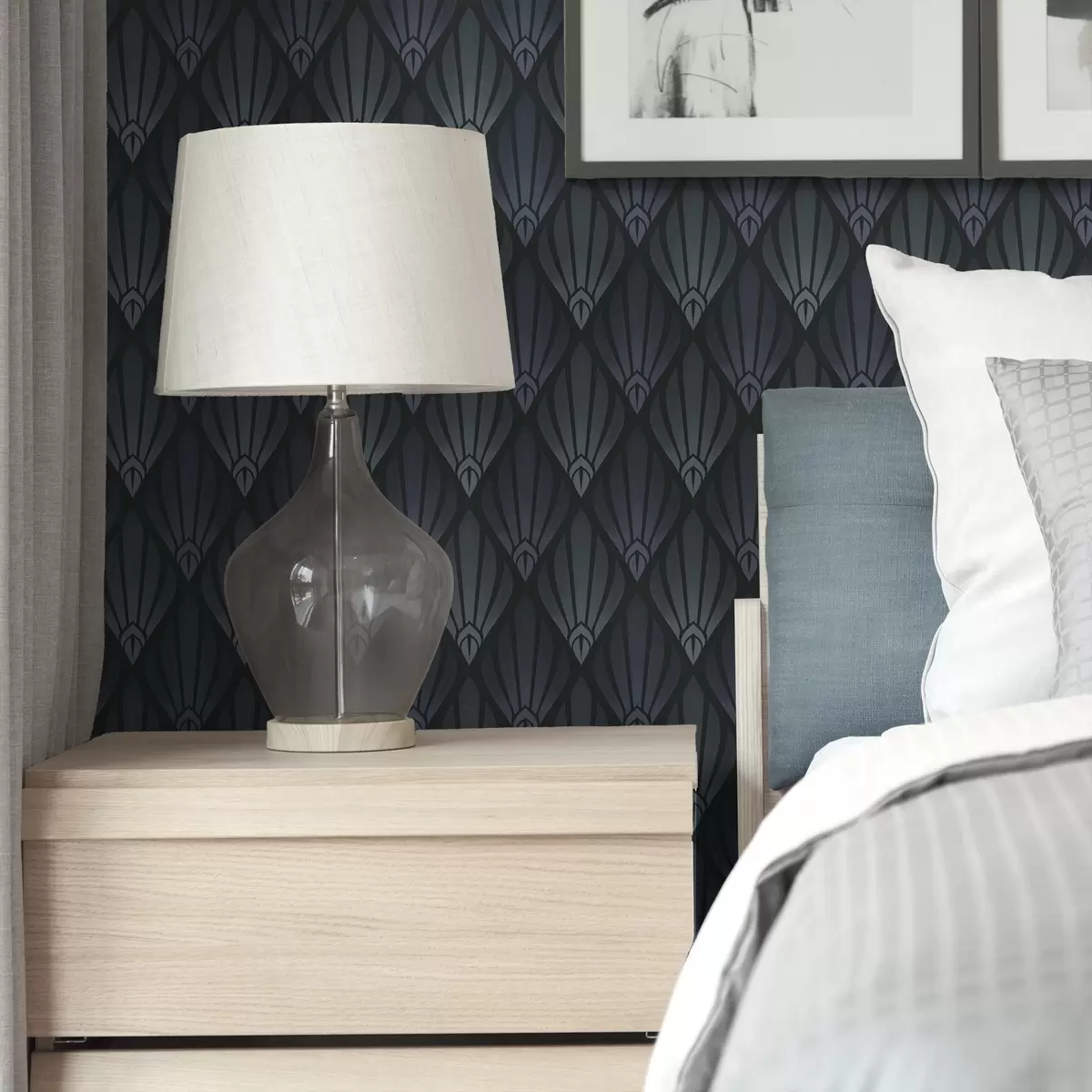 Wallpaper Art Deco albastru-gri rece, cu forme în formă de evantai a01064v3