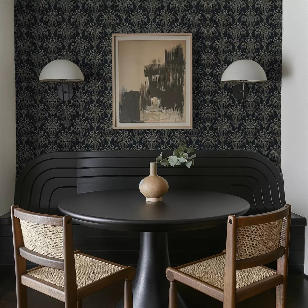 Wallpaper Ornament Art Deco în culori închise, cu plante stilizate a01065