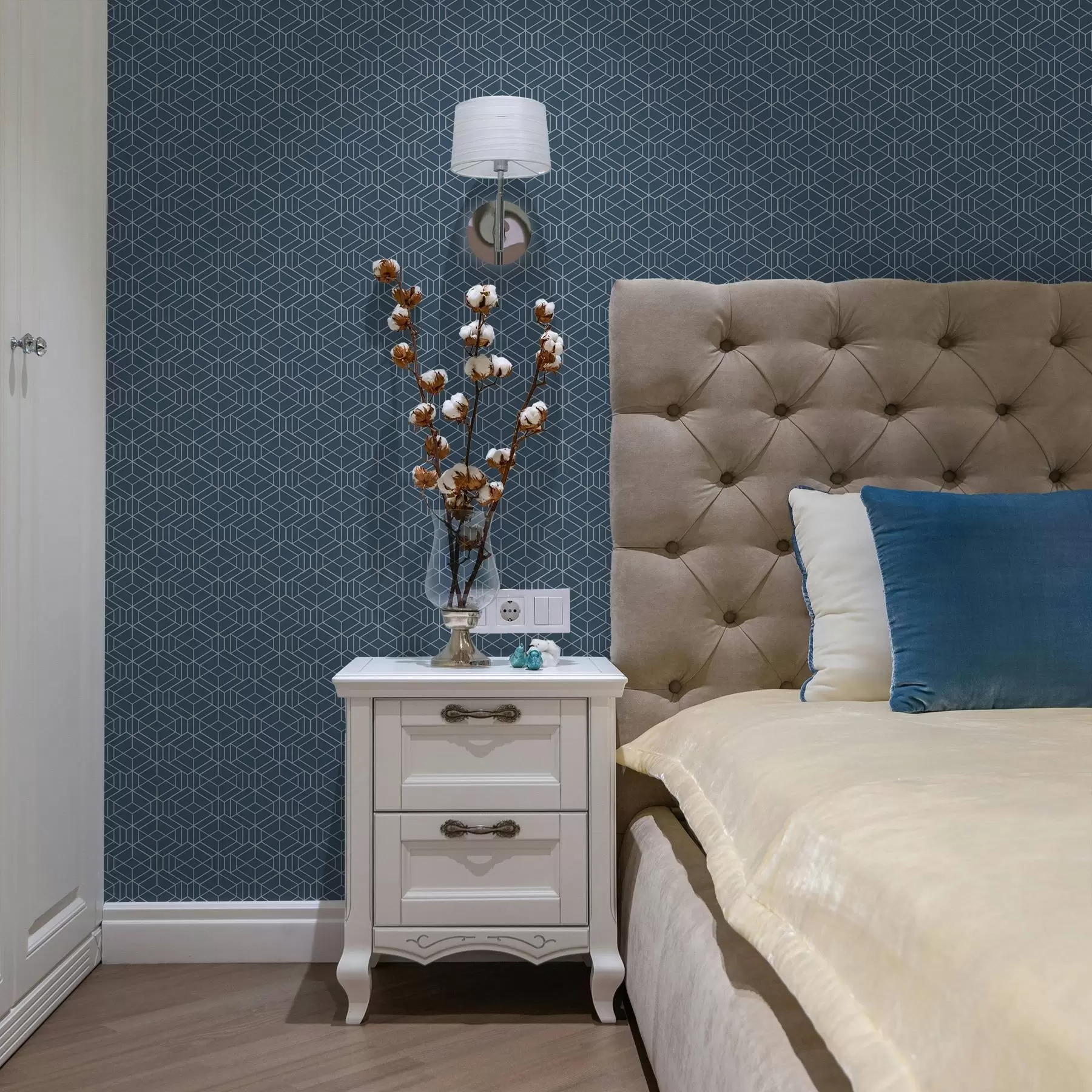 fototapet Fundal albastru cu cuburi liniare albe dispuse într-o grilă a01067v1