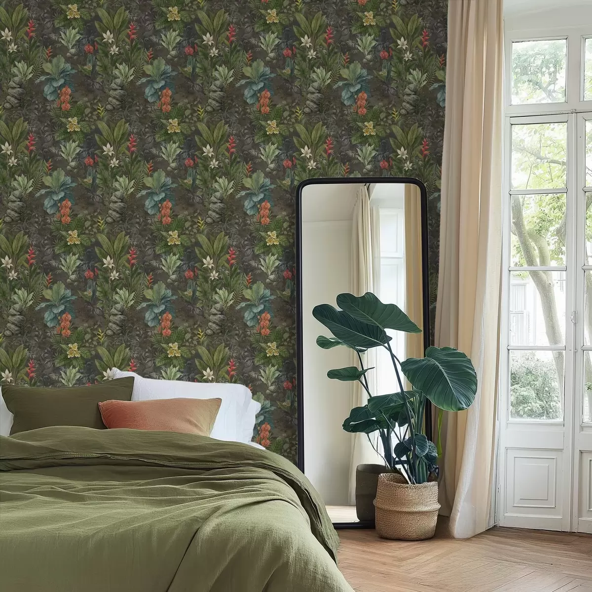 Wallpaper Grădină tropicală întunecată cu flori și frunziș viu colorate a01079