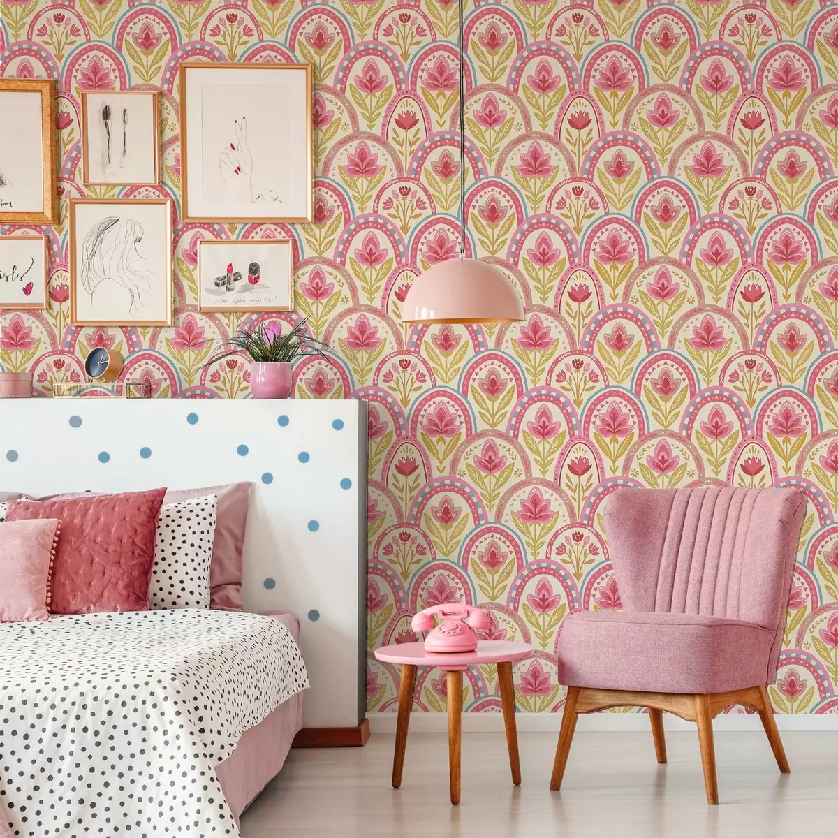 Wallpaper Arcuri cu flori roz într-un model în stil popular a01080