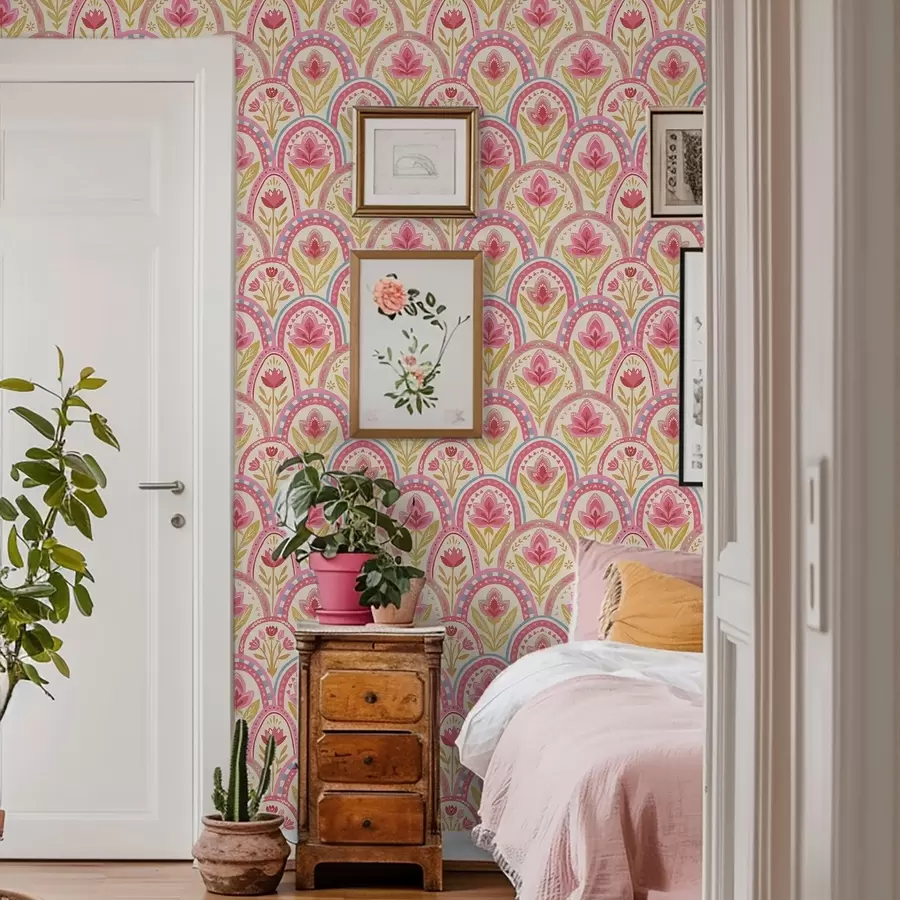 fototapet Arcuri cu flori roz într-un model în stil popular a01080