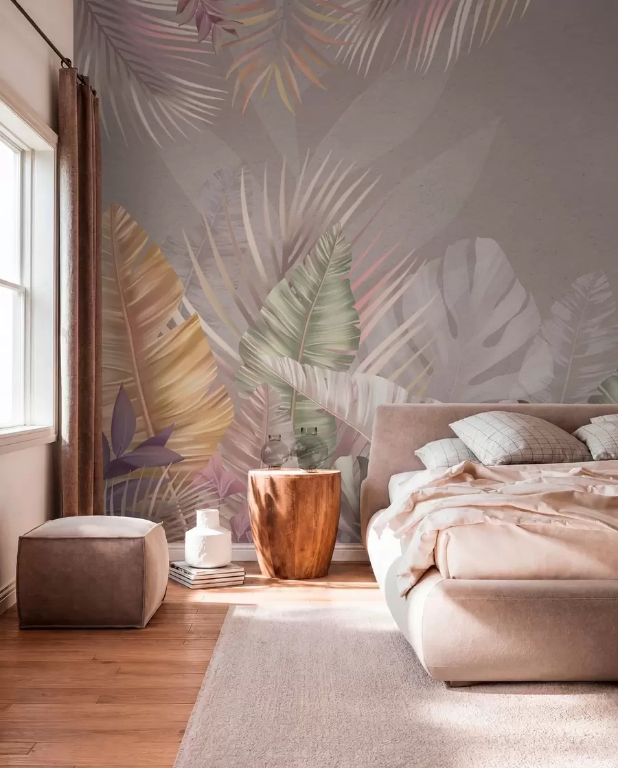 fototapet Frunze tropicale în nuanțe pastelate delicate w01684
