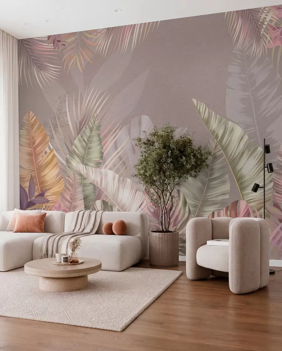 fototapet Frunze tropicale în nuanțe pastelate delicate w01684