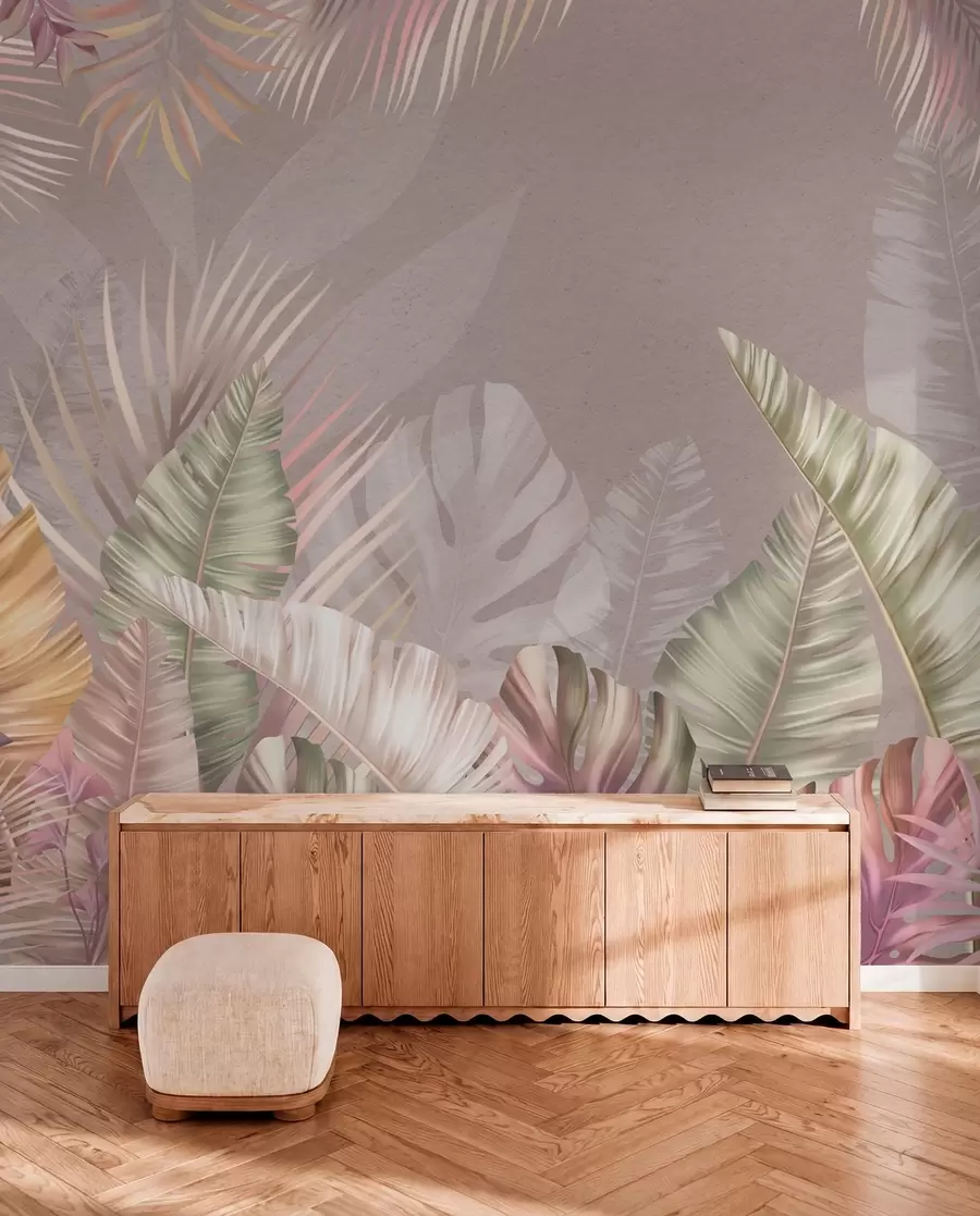 fototapet Frunze tropicale în nuanțe pastelate delicate w01684