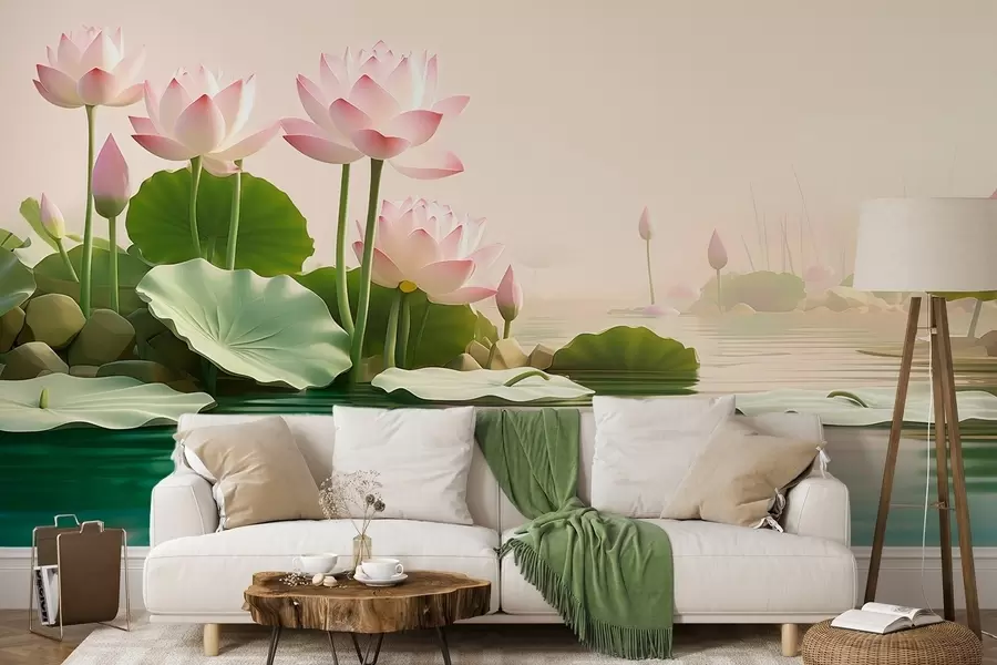 fototapet Flori de lotus roz pe apă, un peisaj tropical liniștit w09561