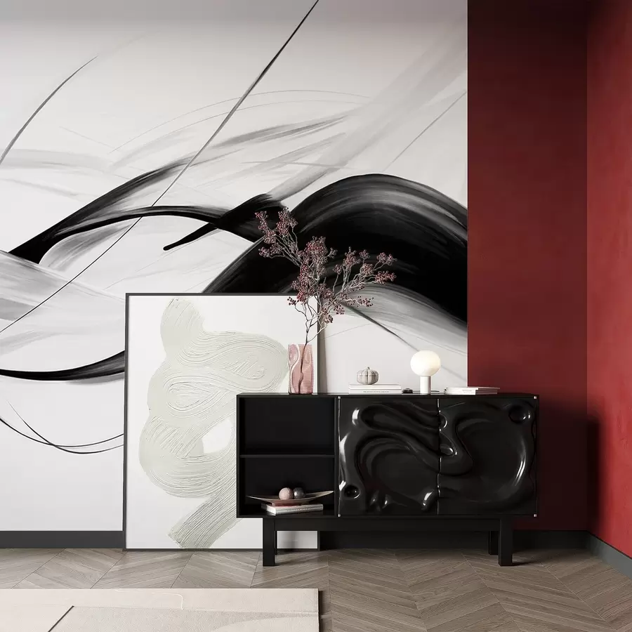 fototapet Pensule abstracte alb-negru cu linii subțiri, creând un design modern pe fundal deschis. w09605