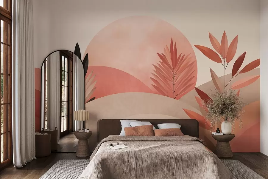 fototapet Peisaj abstract în stil boho, soare în spatele dealurilor ondulate, plante în prim-plan, minimalist, texturat, culori discrete w09608