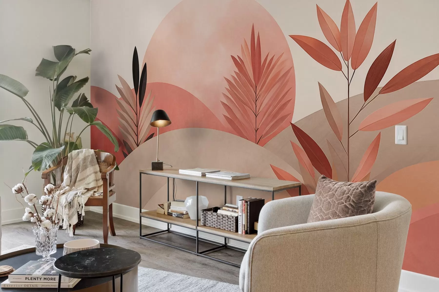 fototapet Peisaj abstract în stil boho, soare în spatele dealurilor ondulate, plante în prim-plan, minimalist, texturat, culori discrete w09608