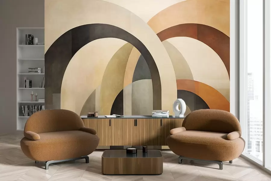 fototapet Arce geometrice abstracte texturate în tonuri pământii de bej, maro și gri, un design arhitectural modern stratificat w09611
