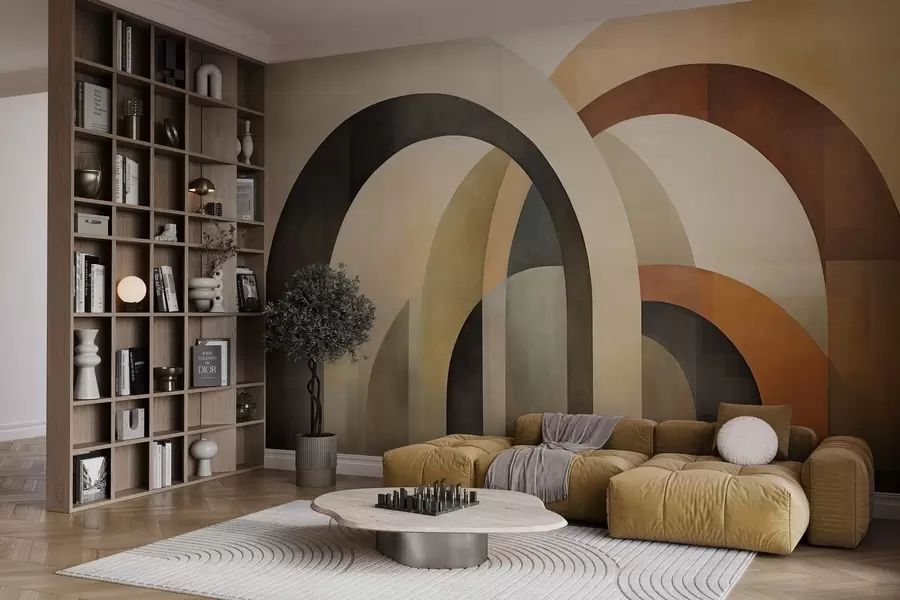 fototapet Arce geometrice abstracte texturate în tonuri pământii de bej, maro și gri, un design arhitectural modern stratificat w09611