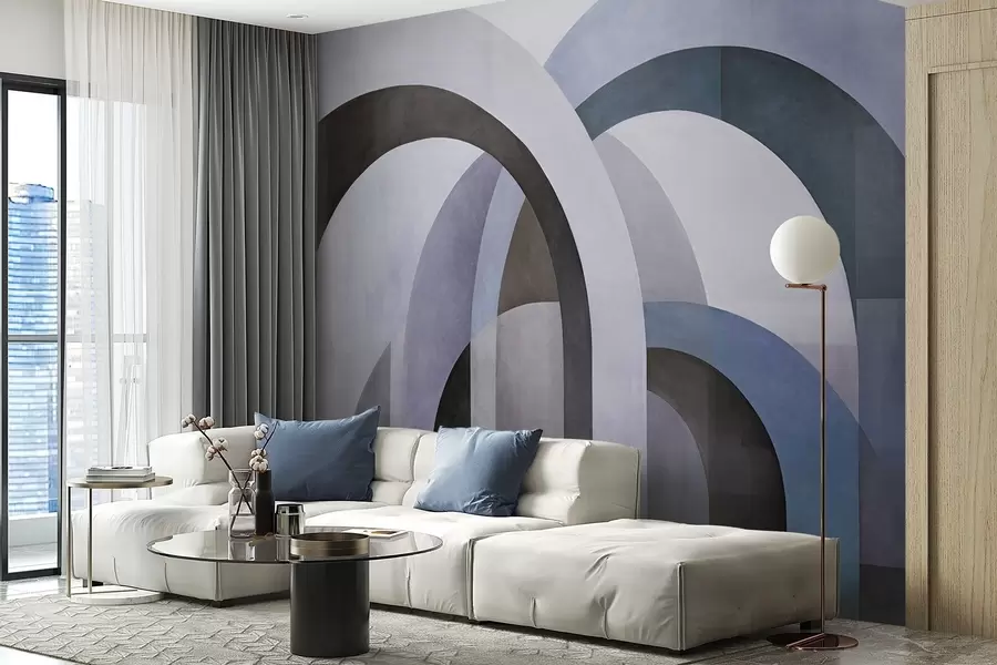 fototapet Arce geometrice abstracte texturate în nuanțe de albastru, negru și gri, un design arhitectural modern stratificat w09611v1