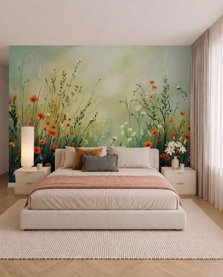 fototapet Flori și ierburi de câmp în stil pictural delicat w05015