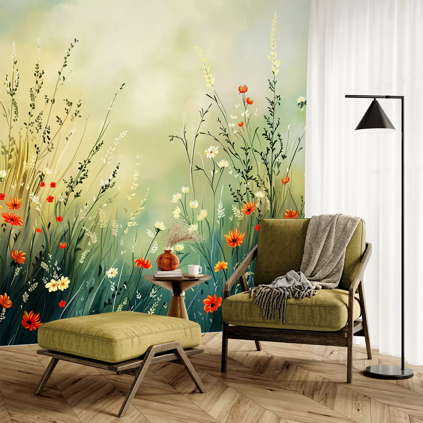 fototapet Flori și ierburi de câmp în stil pictural delicat w05015